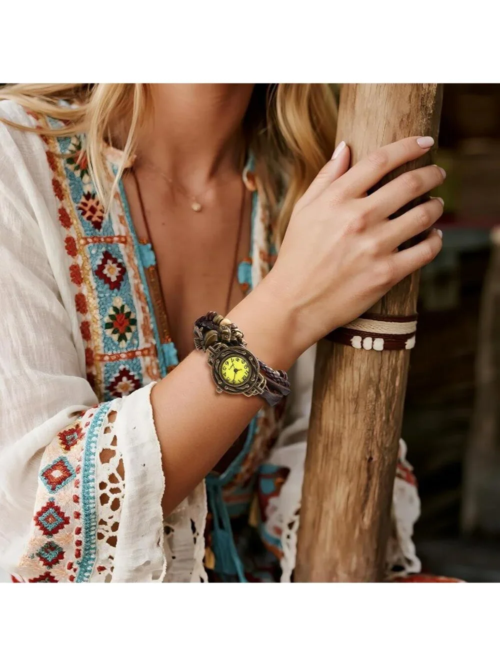 Women's Brown Analog Quartz Owl Bracelet Weave Wrap Around Leather Wrist Watch